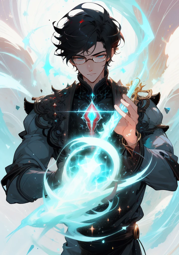 masterpiece, best quality, 1 male, young, tall muscular, handsome, finely detailed eyes, intricate details, black hair, short hair, smile, solo, upper body, detailed background, detailed face, good sorcerer, color magical robes, determined expression, white color scheme, dark crimson light, glowing magical runes, realistic lighting, floating particles, sparks, surrounded by gold lightning red arcane symbols, corrupted by eldritch power, bloom, glasses