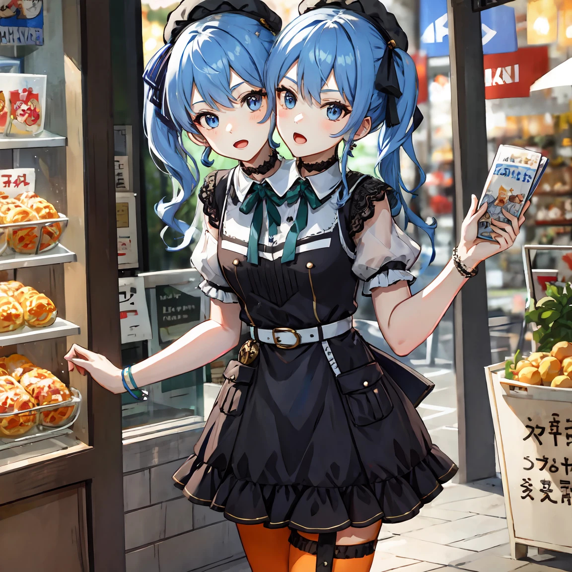 (masterpiece, best quality), best resolution, 16k, BREAK, close-up, BREAK, (2heads:1.5), (cheek-to-cheek), 1girl, solo, BREAK, HoshimachiSuisei, side ponytail, blue hair ribbon, SuiseiStreet, long hair, half updo, black beret, black dress, collared dress, sleeveless, bow earrings, lace choker, neck ribbon, black belt, orange pantyhose, o-ring thigh strap, single garter strap, BREAK, ((hand holding a wallet)), walking, BREAK, ((eyes up looking sideways:1.3)), BREAK, surprised, frustrating, open mouth, BREAK, city, Shopping Street, street vendor, BREAK, morning