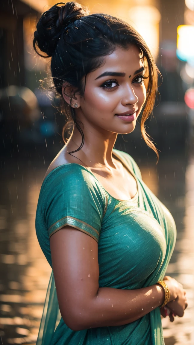 A masterpiece! A stunning Indian girl, her disheveled hair a testament to the torrential rain that surrounds her. Beautiful, detailed eyes sparkle with joy as she gazes directly at the viewer, her long locks tied back in a neat bun. She wears a casual t-shirt, slightly transparent from the wetness, and her medium-round breasts are subtly visible beneath. In a side pose, she revels in the heavy rain shower, her big cheeks flushed with happiness. The street background is a blurred Bokeh, while raindrops glisten on her skin, capturing the essence of a carefree rainy day.rain drops,paid girl , heavy rain