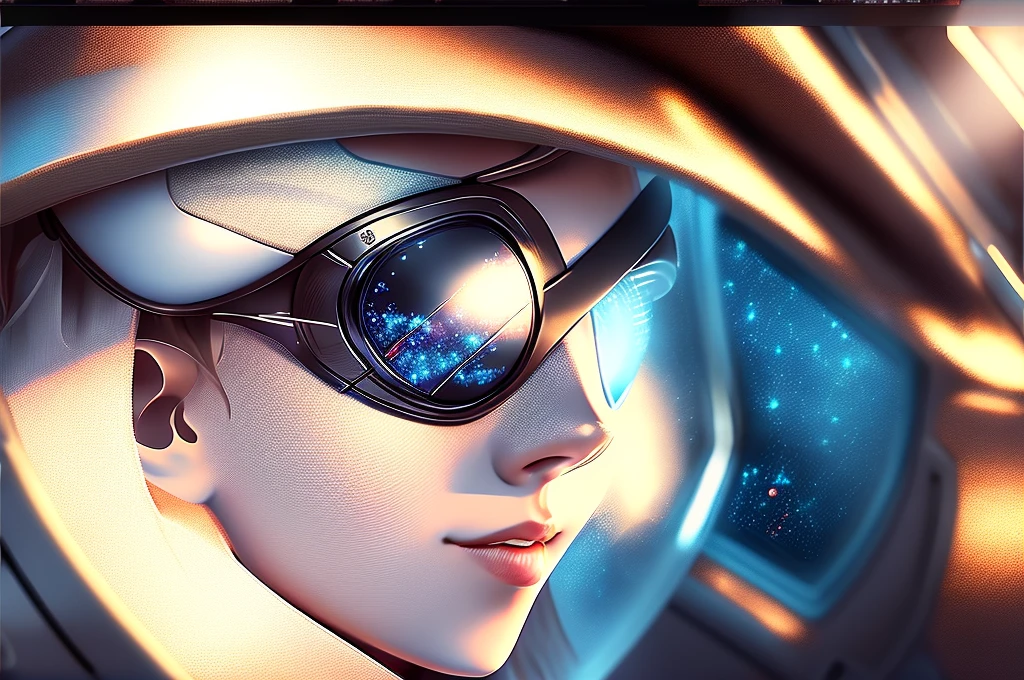 Experiments are placed on a table, one sublime woman sits next to it, the woman's left eye is replaced by a eye patch with a tiny galaxy drawn on it, scene in a futuristic laboratory, ( galaxy drawn on eye patch),