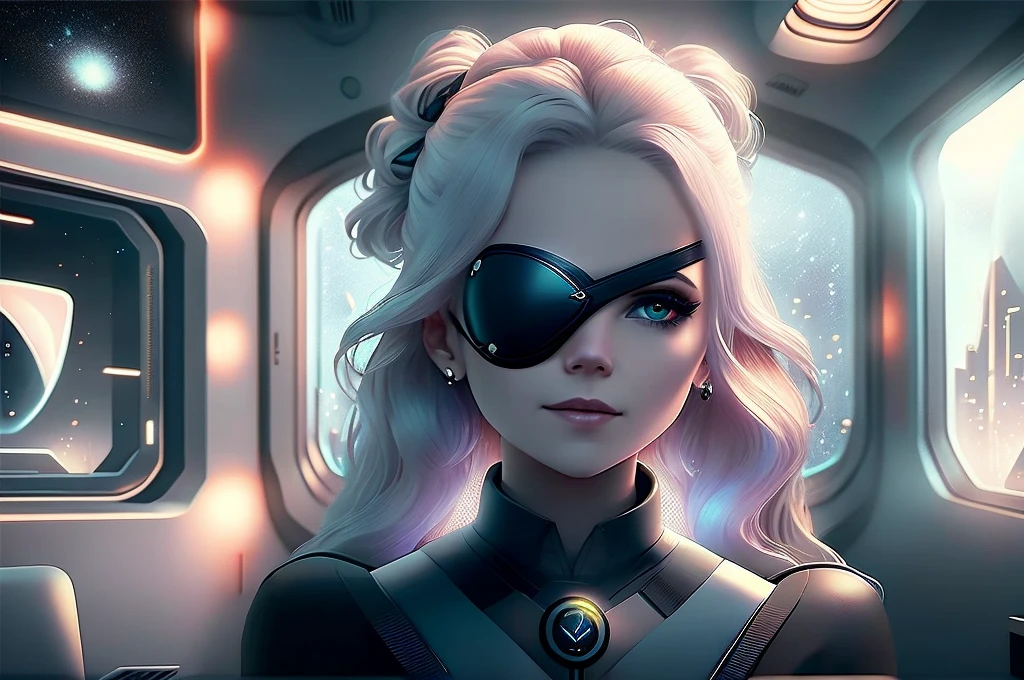 Particle physics experiments are placed on a table, one sublime woman sits next to it, the woman's left eye is replaced by a eye patch with a tiny galaxy drawn on it, scene in a futuristic laboratory, ( galaxy drawn on the eye patch),