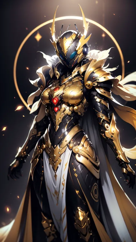 A woman adorned in fantasy-style full-body armor, a crown-concept fully enclosed helmet that unveils only her eyes, a composite ...