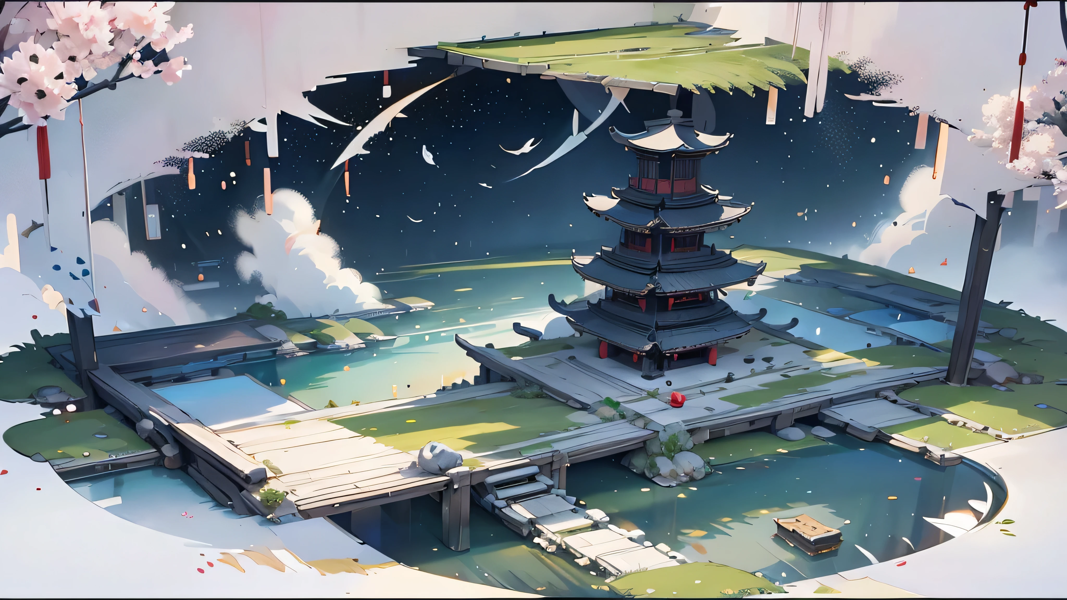 Peinture à l&#39;encre avec un dragon en arrière-plan et une pagode dans le paysage. Pas de contours et pas d&#39;objets volants dans le ciel
