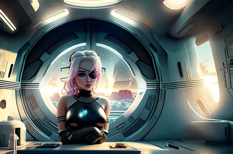 One sublime woman sits next to a table, the woman's left eye is replaced by a galactic eye patch, scene in a futuristic laborato...