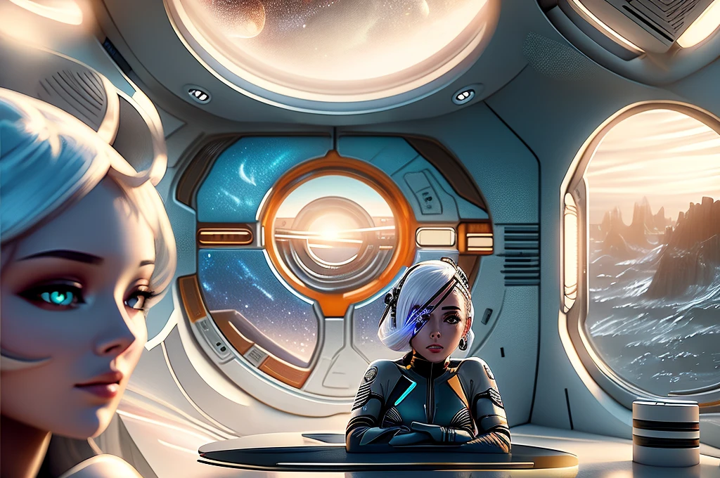 一位崇高的女人坐在桌子旁邊, 女子的左眼被銀河眼罩取代, 未來實驗室的場景