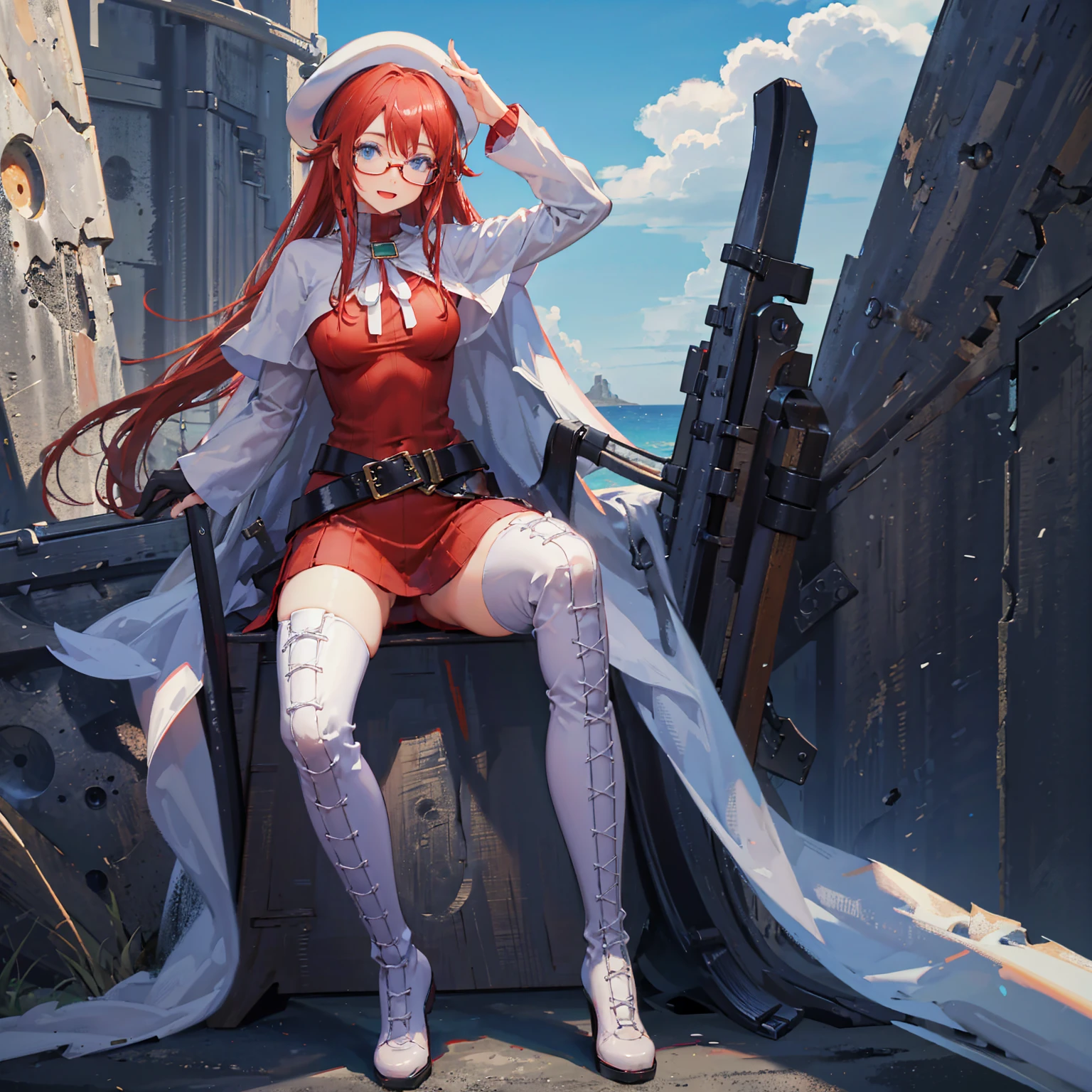 summonnightaty, aty, (young:1.3),long hair, blue eyes, red hair, big_tits, hat, glasses,
BREAK long hair, thighhighs, hat, dress, naked_legs, glasses, belt, cape, sweater, zettai ryouiki, beret, thigh boots, white footwear, ribbed sweater, loose belt,solo,
BREAK outdoors, fantasy,on_beach,
,Highquality_hads,perfect_fingers,
BREAK (masterpiece:1.2), best quality, high resolution, unity 8k wallpaper, (illustration:0.8), (beautiful detailed eyes:1.6), extremely detailed face, perfect lighting, extremely detailed CG, (perfect hands, perfect anatomy),covered_nipples,covered_navel ,half_eyes,long_sword,sleepy,red_sweater,apart_knees,magical_effect,spread_legs, have_a_book,teacher,rise_knee,Smile,rise_hand,look_down_viewer,spread_arms,sea​_waves,looking_into,blue_sky,plump,open_mouth, dynamic_posing,solo,