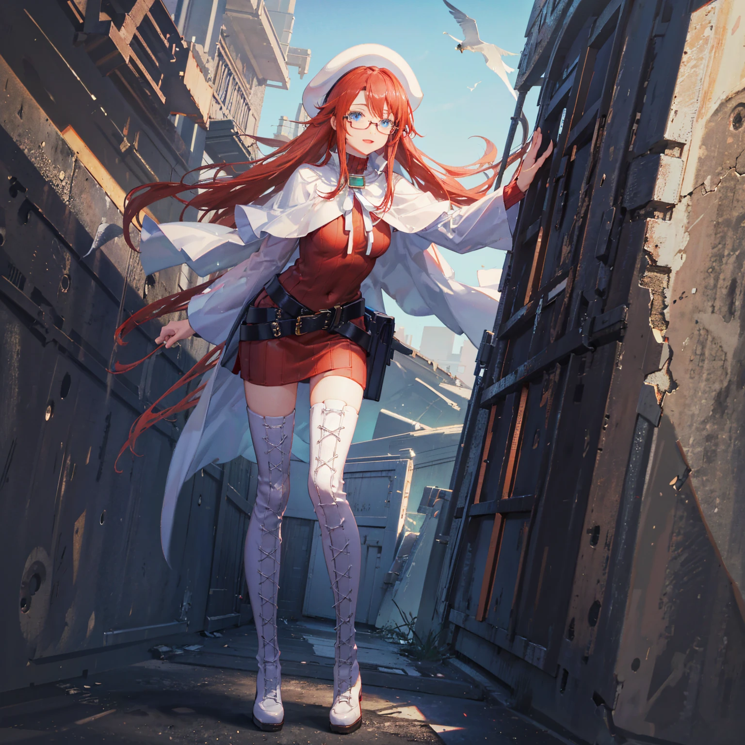 summonnightaty, aty, (young:1.3),long hair, blue eyes, red hair, big_tits, hat, glasses,
BREAK long hair, thighhighs, hat, dress, naked_legs, glasses, belt, cape, sweater, zettai ryouiki, beret, thigh boots, white footwear, ribbed sweater, loose belt,solo,
BREAK outdoors, fantasy,on_beach,
,Highquality_hads,perfect_fingers,
BREAK (masterpiece:1.2), best quality, high resolution, unity 8k wallpaper, (illustration:0.8), (beautiful detailed eyes:1.6), extremely detailed face, perfect lighting, extremely detailed CG, (perfect hands, perfect anatomy),covered_nipples,covered_navel ,half_eyes,long_sword,sleepy,red_sweater,apart_knees,magical_effect,spread_legs, have_a_book,teacher,rise_knee,Smile,rise_hand,look_down_viewer,spread_arms,sea​_waves,looking_into,blue_sky,plump,open_mouth, dynamic_posing,solo,