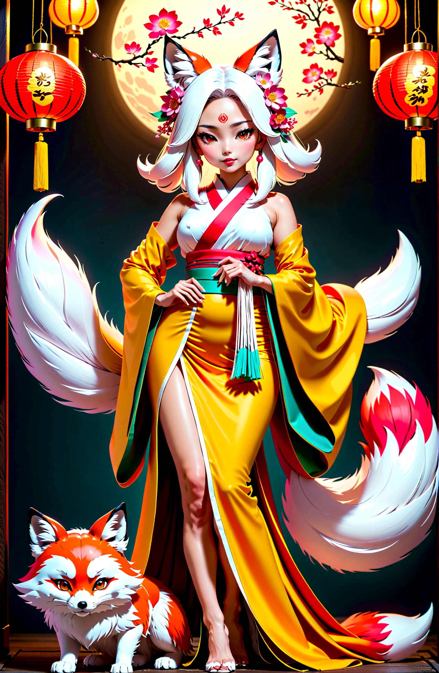 obra de arte, melhor qualidade, tiro de corpo inteiro (cabeça e pés no quadro)(desenho altamente preciso até ao mais ínfimo detalhe)(representação extremamente precisa)um yokai kitsune japonês de tirar o fôlego (deusa raposa)acompanhado de raposa branca(corpo humano muito atlético, orelhas de raposa, mais de 3 rabos de raposa)) vestido com (em representação de cores típica) uma roupa hanfu digna de uma deusa com um lindo cocar, ajustar, seios pequenos, lanternas de papel e peônias, Imagens muito detalhadas, extremamente detalhado, Detalhes complicados, Alta resolução, detalhes supercomplexos, MFBP1