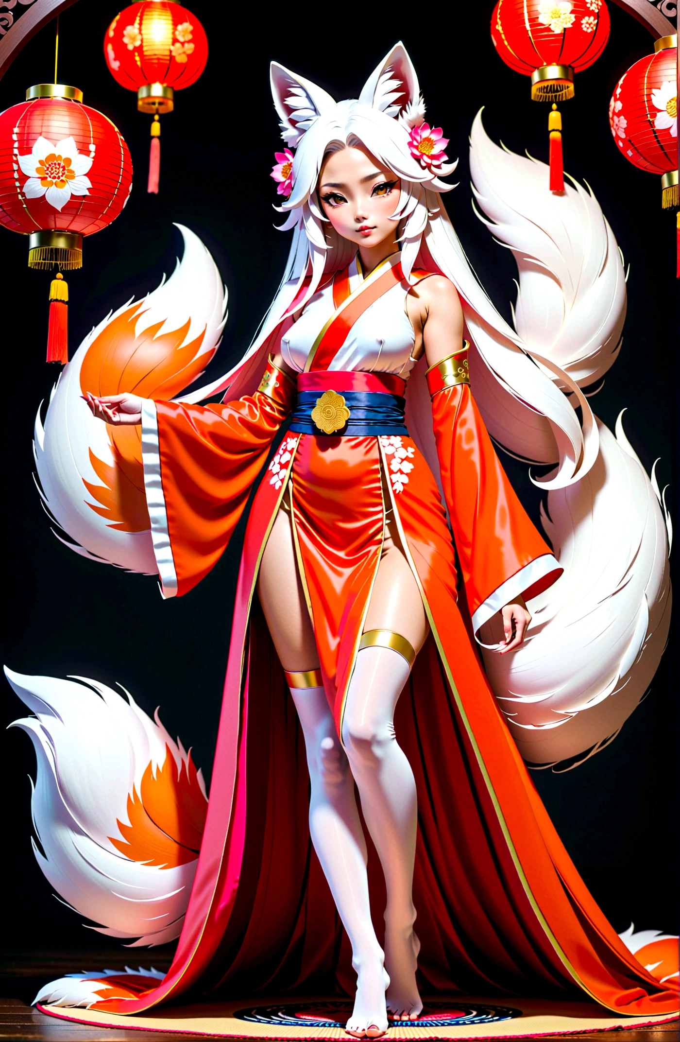 obra de arte, melhor qualidade, tiro de corpo inteiro (cabeça e pés no quadro)(desenho altamente preciso até ao mais ínfimo detalhe)(representação extremamente precisa)um yokai kitsune japonês de tirar o fôlego (deusa raposa)acompanhado de raposa branca(corpo humano muito atlético, orelhas de raposa, mais de 3 rabos de raposa)) vestido com (em representação de cores típica) uma roupa hanfu digna de uma deusa com um lindo cocar, ajustar, seios pequenos, lanternas de papel e peônias, Imagens muito detalhadas, extremamente detalhado, Detalhes complicados, Alta resolução, detalhes supercomplexos, MFBP1