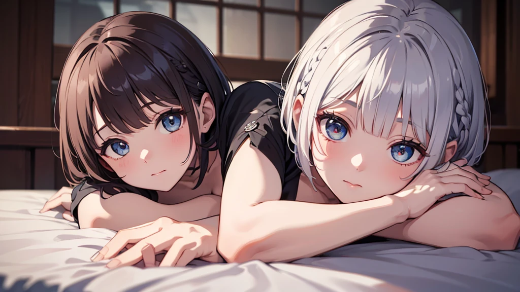 Ultra-high resolution,masterpiece, Attention to detail, Highest quality, 4K,(Silver braided short bob),(heavy chest,Captivating body、Ultra-detailed skin、Beautiful eyes、Detailed Background),1 girl、(lie face down, sleeping)、bed