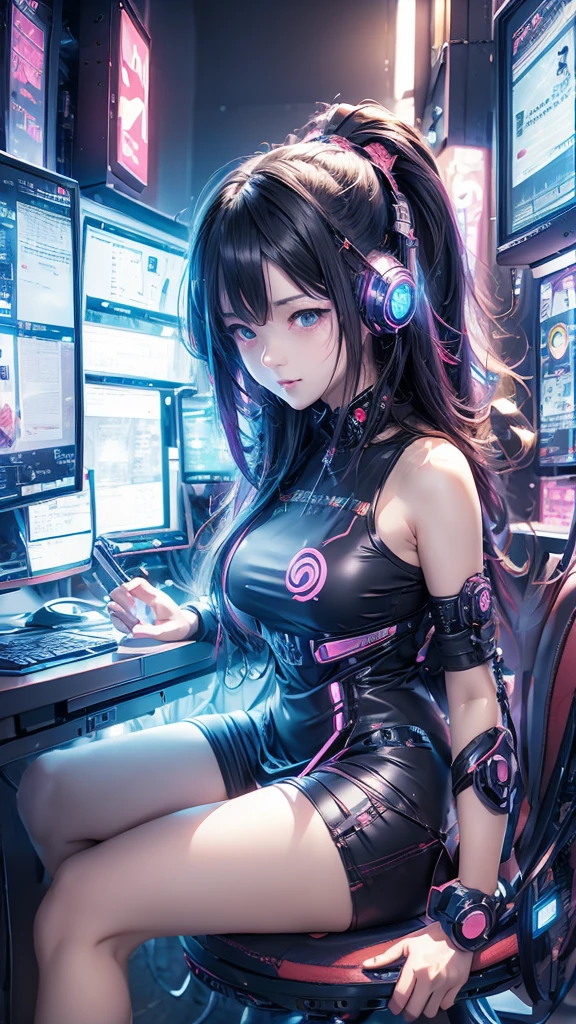  anime girl assise devant un bureau d&#39;ordinateur avec des écouteurs, art cyberpunk par Yuumei, tendance sur pixiv, art informatique, Nocturne, style animé 4k, Anime séduisant, l&#39;Ecole virtuelle, animé cyberpunk, style artistique anime de haute qualité,