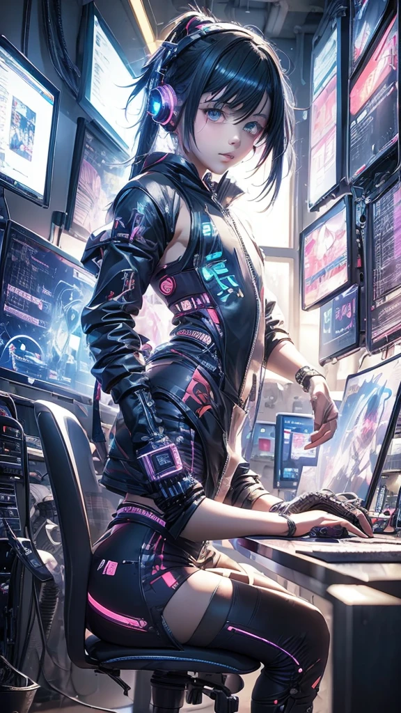  garçon animé assis devant un bureau d&#39;ordinateur avec des écouteurs, art cyberpunk par Yuumei, tendance sur pixiv, art informatique, Nocturne, style animé 4k, Anime séduisant, l&#39;Ecole virtuelle, animé cyberpunk, style artistique anime de haute qualité,