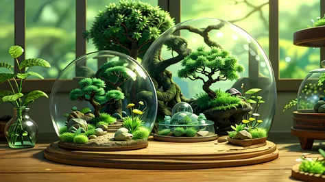 「１Encased in two glass domes、A beautiful and delicate terrarium。Mr.々Various kinds of green plants are harmoniously arranged、Smal...