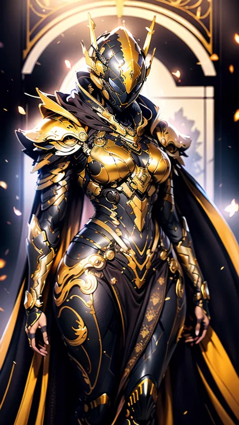 A woman adorned in fantasy-style full-body armor, a crown-concept fully enclosed helmet that unveils only her eyes, a composite ...