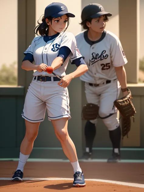 a young woman, wearing a baseball uniform, hit the ball just right, sweating, wearing shorts