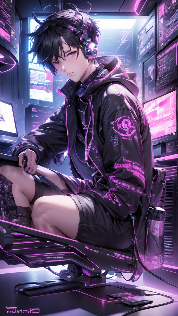  anime boy sitting in front of a computer desk with headphones on, cyberpunk art by Yuumei, trending on pixiv, computer art, nightcore, anime style 4 k, seductive anime, cyber school, cyberpunk anime, high quality anime artstyle,