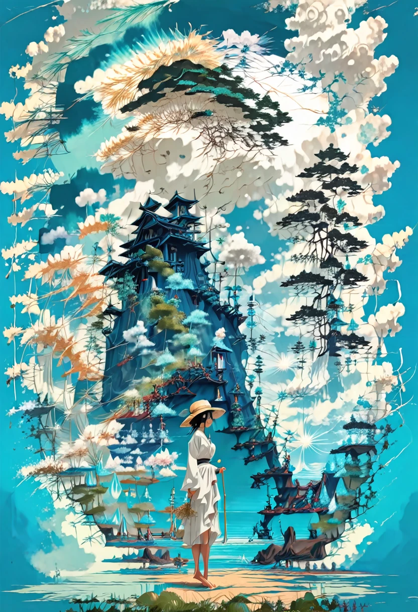 Illustration d&#39;une jeune fille portant un chapeau de paille,Debout, abasourdi,(La fille est représentée en grand:1.4),paysage,Style de peinture japonaise,robe blanche,cheveux turquoise,queues jumelles,pitoyable,Fond de mer bleu émeraude,Débris de nuages cumulonimbus,la plus haute qualité,Ultra haute résolution,nombre d&#39;or,Coefficient maximal,Cappadoce