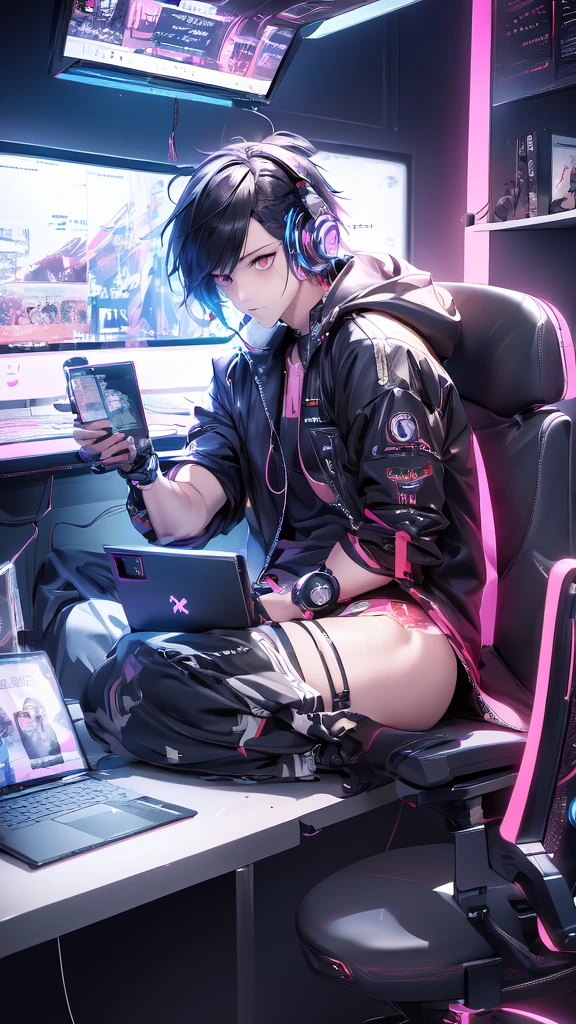  anime boy sitting in front of a computer desk with headphones on, cyberpunk art by Yuumei, trending on pixiv, computer art, nightcore, anime style 4 k, seductive anime, cyber school, cyberpunk anime, high quality anime artstyle,