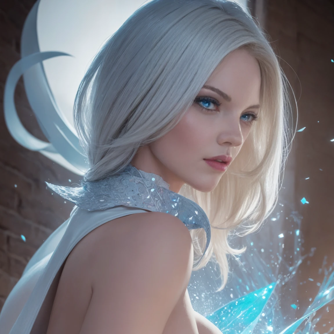 exy Emma Frost dos X-Men,Artistic image of a woman, peituda, Lindos Seios Grandes, por artgerm, illustration,high resolution,ultra-detalhado,realista:1.37,[atitude feroz],lindos olhos detalhados,beautiful detailed lips,[Cabelo loiro platinado comprido],espartilho branco justo com desenhos complexos,figura de ampulheta perfeita,[botas brancas de cano alto],[enfeites de cristais e diamantes],Maquiagem para olhos escuros,[pose confiante],paleta de cores azul gelado fosco,[Soft diffused lighting],tema sutil de inverno,efeito de diamantes brilhantes no fundo, Rear view, mostrar bunda, danadinho, Rosto perfeito, Olhos azuis brilhantes, olhando para o espectador,heroic pose, foreshortening, profundidade, poses variadas