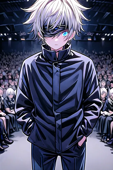 (looking at the audience:1.2) (whole body) 1 boy, gojo satoru, permanent, hands in pockets, blue eyes, detailed student, colored...