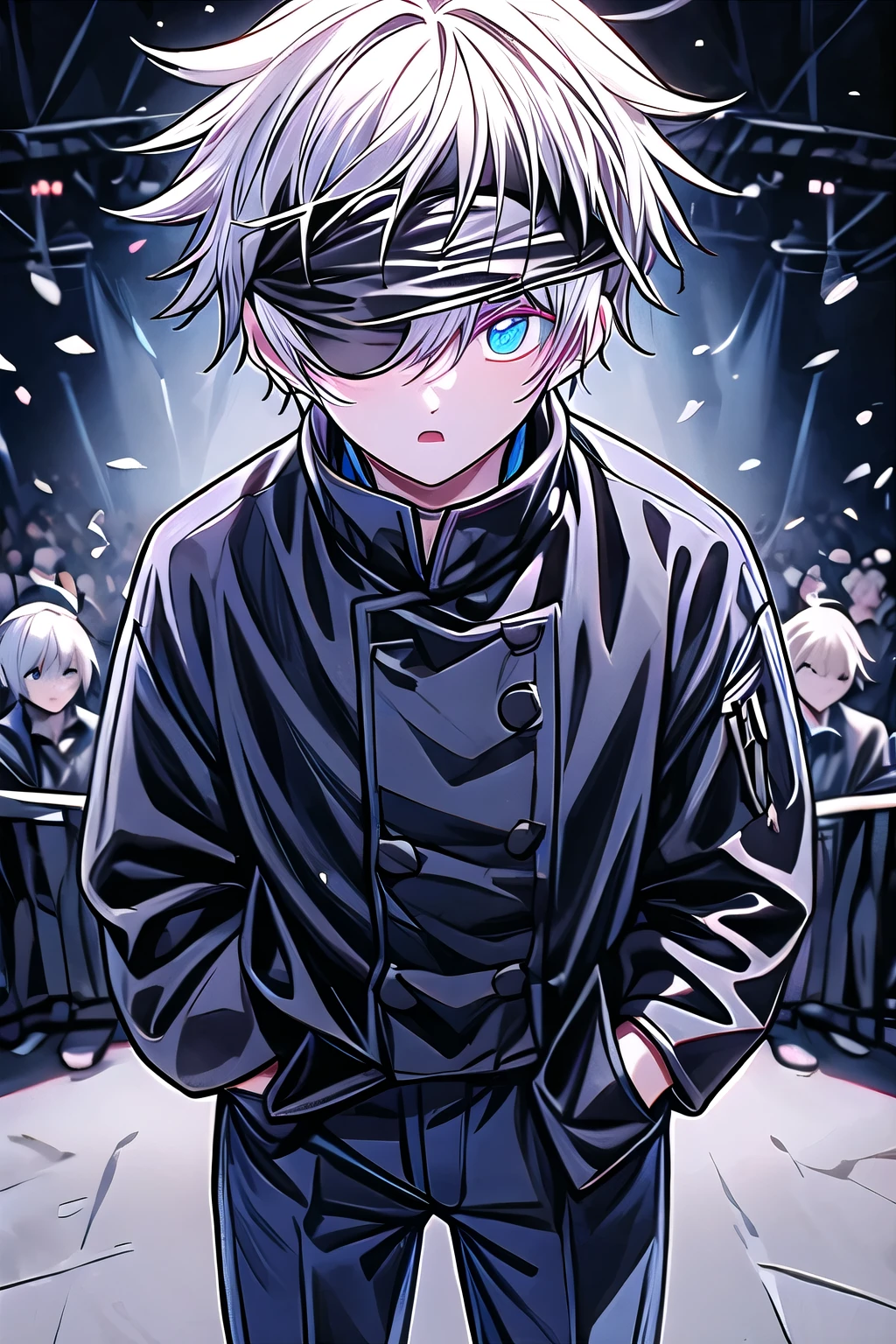 (Looking at the audience:1.2) (whole body) 1 boy, Gojo Satoru, permanent, Hands in pockets, blue eyes, Detailed student, Colored eyelashes, Blindfolded, Hair between the eyes, White hair, short hair, Open your mouth, muscular, Boss, Black jacket, Black pants, glow, absurd, Intricate details, masterpiece, best quality, high resolution, 8K  