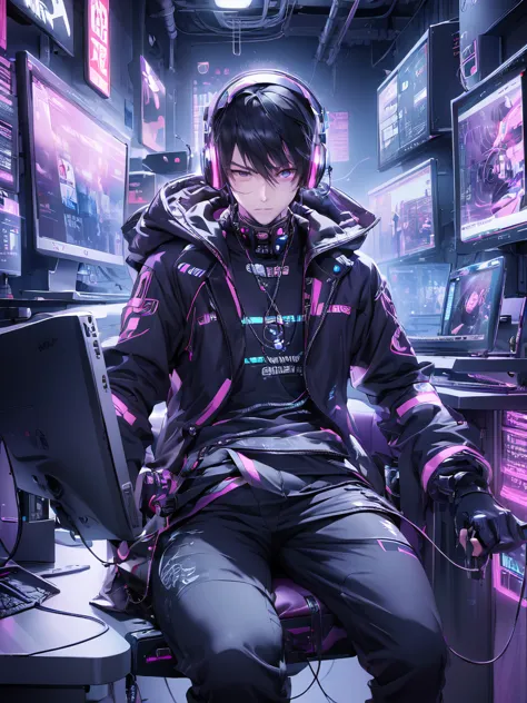  anime boy sitting in front of a computer desk with headphones on, cyberpunk art by Yuumei, trending on pixiv, computer art, nig...