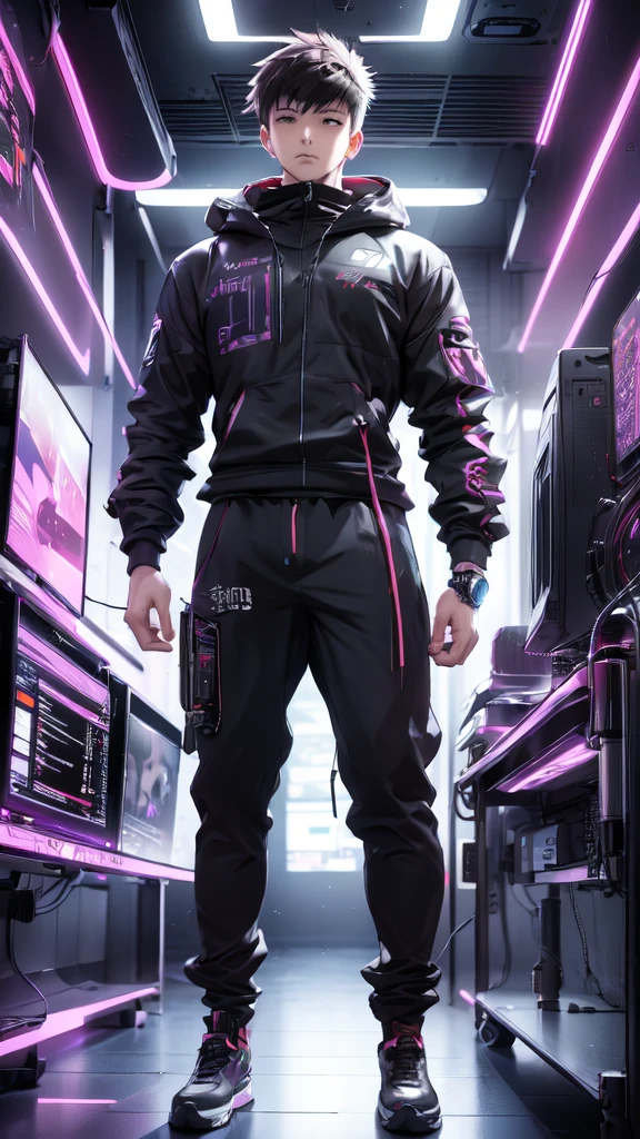  garçon d&#39;anime debout devant un bureau d&#39;ordinateur, art cyberpunk par Yuumei, tendance sur pixiv, art informatique, Nocturne, style animé 4k, Anime séduisant, l&#39;Ecole virtuelle, animé cyberpunk, style artistique anime de haute qualité,