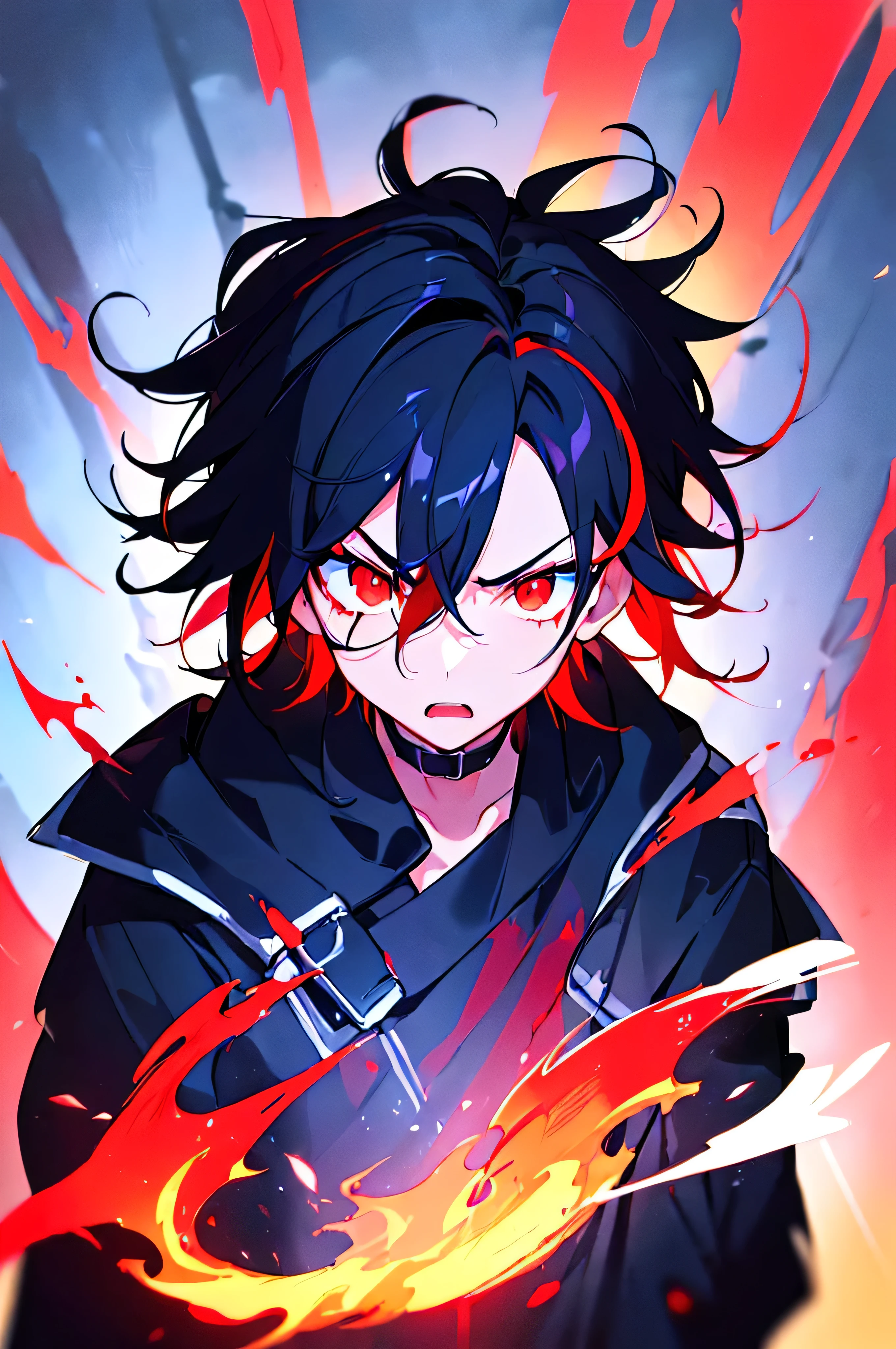 [(SKY BACKGROUND:1.5),::5], ((((masterpiece)))), high quality, ultra very high resolution, full color, (((solo))), ((little boy)), black hair, ((red streaked hair)), blue eyes, anime, ((upper body)), neon light, (anger), black parka, (flame effect:1.2), (blood effect:1.2)