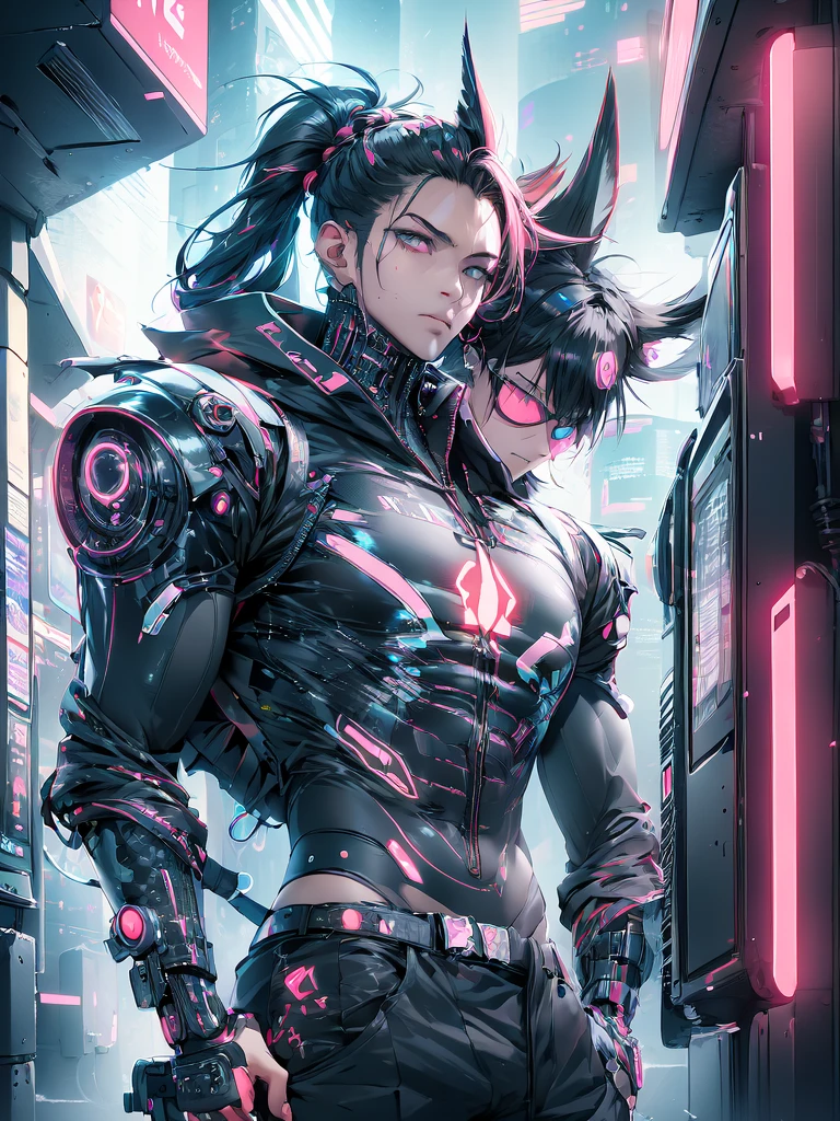  anime boy standing, upper body, cyberpunk art by Yuumei, trending on pixiv, computer art, nightcore, anime style 4 k, seductive anime, cyber school, cyberpunk anime, high quality anime artstyle,