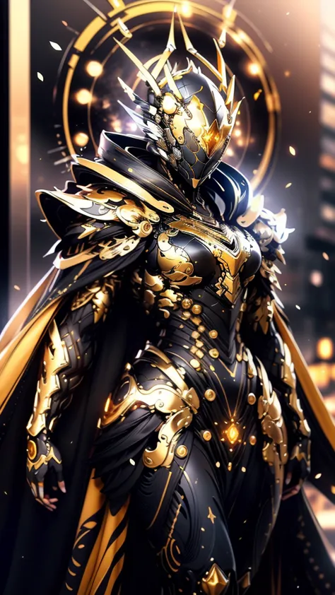 A woman adorned in fantasy-style full-body armor, a crown-concept fully enclosed helmet that unveils only her eyes, a composite ...