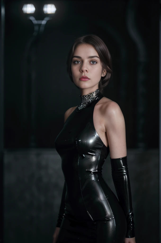 1girl,latex dress,perfect body,deep neckline,beautiful detailed eyes,beautiful detailed lips,extremely detailed face and skin,masterpiece,(best quality,8k,hyper-detailed,photorealistic:1.4),(intricate,highly detailed,cinematic lighting:1.2),dramatic lighting,elegant,dramatic pose,sensual,elegant,fair skin,flawless skin