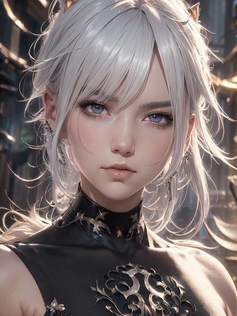  image en gros plan d&#39;un homme aux cheveux blancs portant une chemise noire, Cheveux courts, visage complet, oreilles d&#39;animaux, loup, art numérique, oeuvre d&#39;art dans le style anime. 8k, tendance sur cgstation, 8k)).