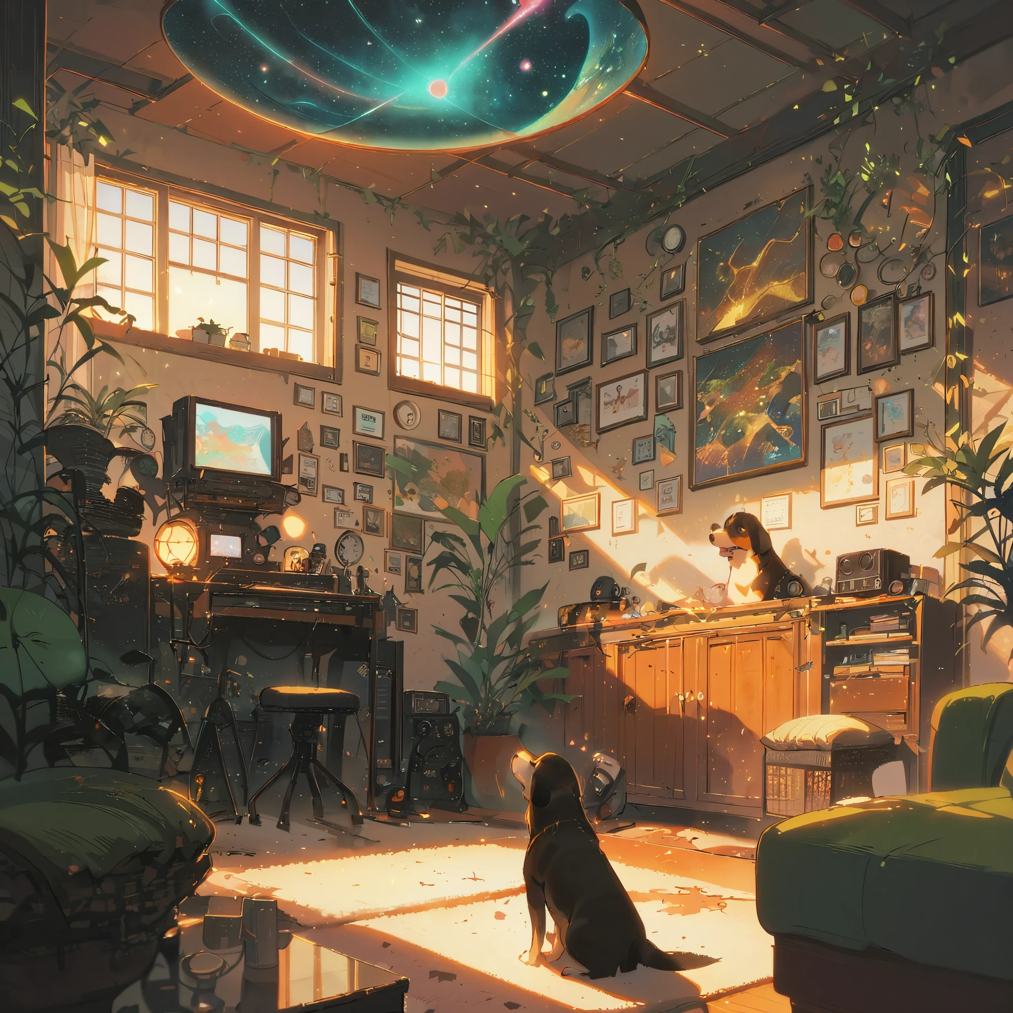 ((anime:1.4,illustration)),(masterpiece, top quality, best quality),(ultra-detailed, absolutely resolution),((16k, high res)), (((Interior, small living room, planetarium on the whole ceiling, boy and dog looking up)) ((cosy lofi illustration:1.4)), ((anime:1.4, illustration)),(masterpiece, top quality, best quality),(ultra-detailed, absolutely resolution),((16k, high res)) BREAK {lofi art, style of Laurie Greasley, style of Makoto Shinkai, anime aesthetic}, BREAK { (produces images with information than 40 million pixels with cinematic-like detailed textures shot on a Sony SLR).}