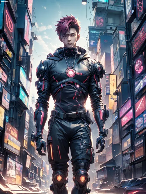  anime boy standing, upper body, cyberpunk, anime style 4 k, cyber school, cyberpunk anime, high quality anime artstyle,