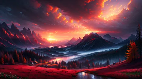 a real photographic landscape painting,expansive view,ominous sky,red rose,bright style,light effect,clearing,clearing,unreal en...