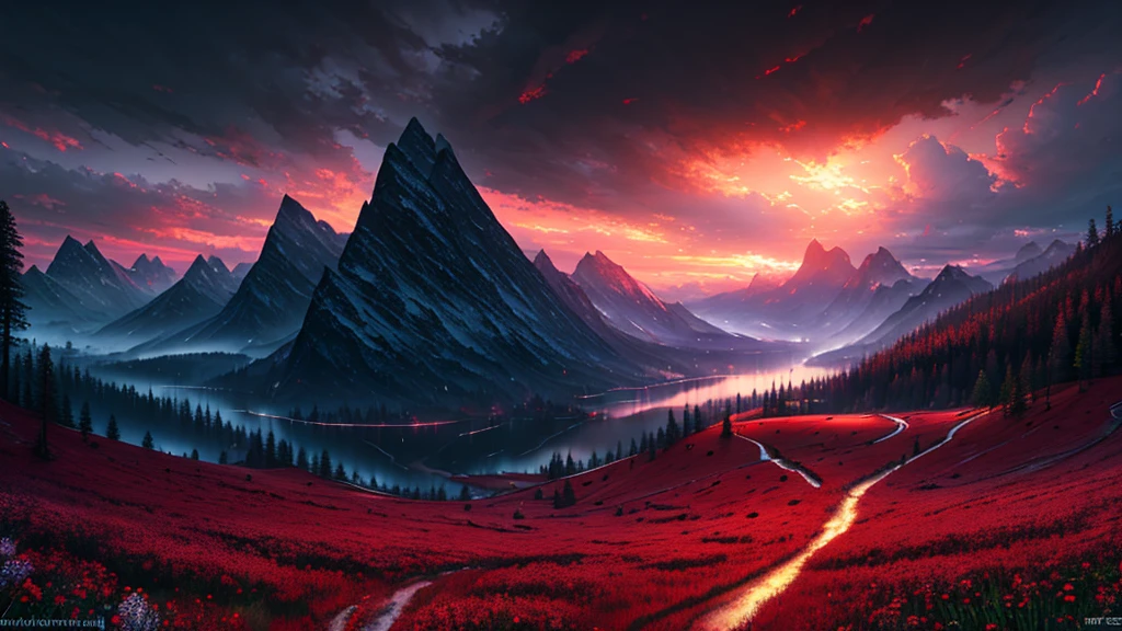 A real photographic landscape painting,Expansive view,Ominous sky,Red rose,Bright style,Light effect,Clearing,Clearing,Unreal engine,Thomas kinkade,artstation