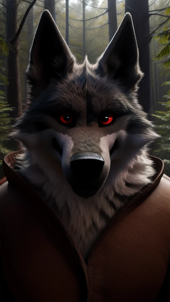 Wilder Todeswolf schaut den Betrachter an und hat rote Augen. Allein im Wald, 10 Monate alter Welpe 