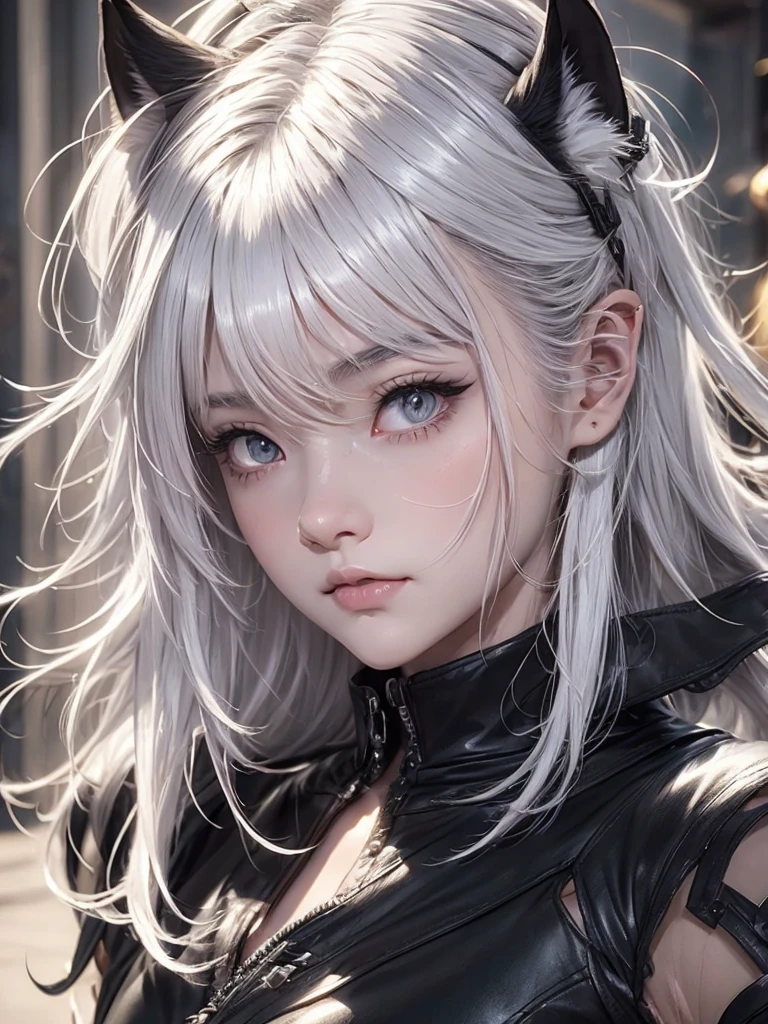  image en gros plan d&#39;une femme aux cheveux blancs portant une chemise noire, Cheveux courts, visage complet, oreilles d&#39;animaux, loup, art numérique, oeuvre d&#39;art dans le style anime. 8k, tendance sur cgstation, 8k)).