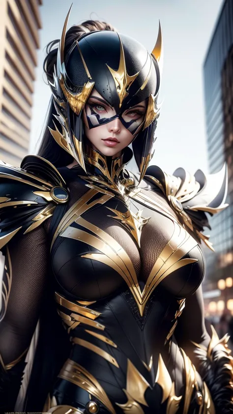 a woman adorned in fantasy-style full-body armor, a crown-concept fully enclosed helmet that unveils only her eyes, a composite ...