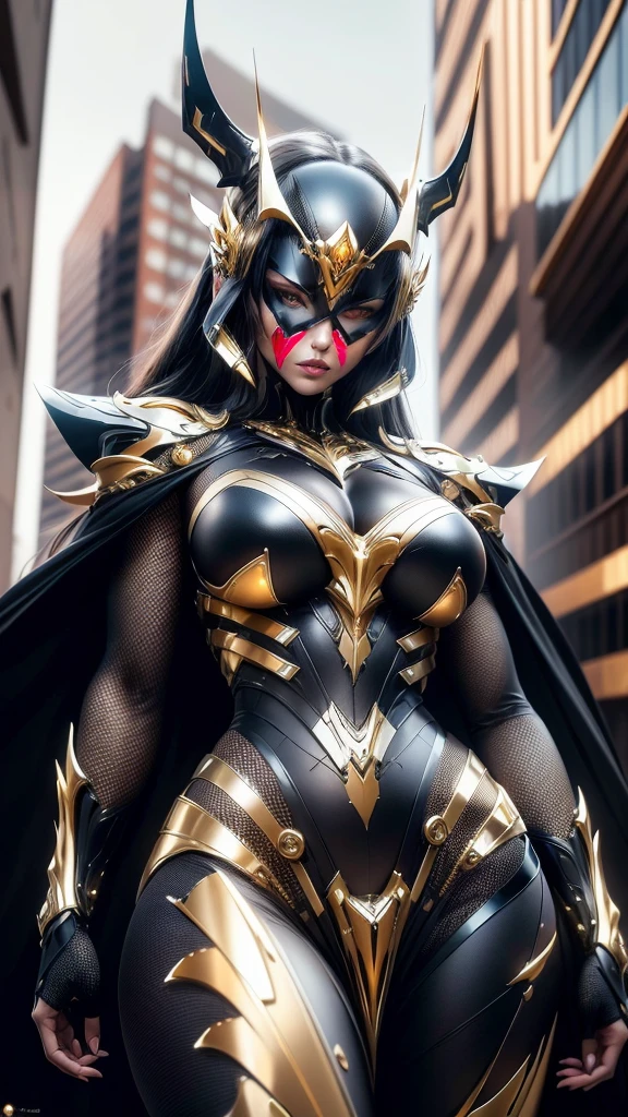 A woman adorned in fantasy-style full-body armor, a crown-concept fully enclosed helmet that unveils only her eyes, a composite layered chest plate, fully encompassing shoulder and hand guards, a lightweight waist armor, form-fitting shin guards, the overall design is heavy-duty yet flexible, (the armor gleams with a golden glow, complemented by red and blue accents), exhibiting a noble aura, she floats above a fantasy-surreal high-tech city, this character embodies a finely crafted fantasy-surreal style armored hero in anime style, exquisite and mature manga art style, (mixture of Queen bee and Spider concept Armor, plasma), ((Element, elegant, goddess, femminine:1.5)), metallic, high definition, best quality, highres, ultra-detailed, ultra-fine painting, extremely delicate, professional, anatomically correct, symmetrical face, extremely detailed eyes and face, high quality eyes, creativity, RAW photo, UHD, 32k, Natural light, cinematic lighting, masterpiece-anatomy-perfect, masterpiece:1.5