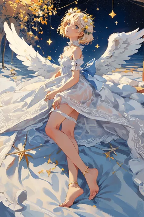 detailed full body portrait，(the girl looks up at the stars), angelic, angelic, (the angel's wings), white dresses，mandy jürgens...