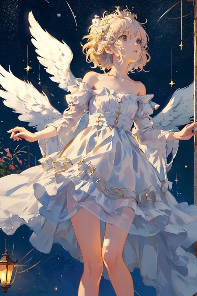 detailed full body portrait，(The girl looks up at the stars), Angelic, Angelic, (the angel's wings), white dresses，Mandy Jürgens (Mandy Jurgens) Realistic paintings created, Perverted, arte figurativa, Detailed depiction of the, realistically, An artwork of, contours， seen from the side， simple backgound，(lamplight:1.0)，tmasterpiece，Best quality，