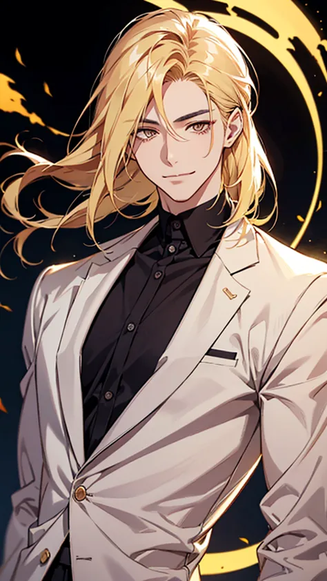 japanese, asian-looking face, golden eyes, young man, blonde, waxed hair, shoulder-length hair, gradient hair, dress shirt, bran...