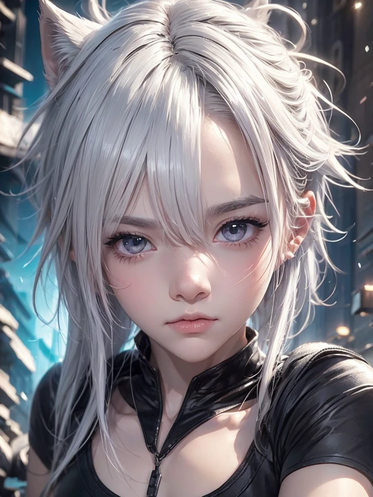  close-up image of a white-haired person boy wearing a black shirt, short hair, full face, animal ears, wolfe, digital art, artwork in the  anime style. 8k, trending on cgstation, 8k)).