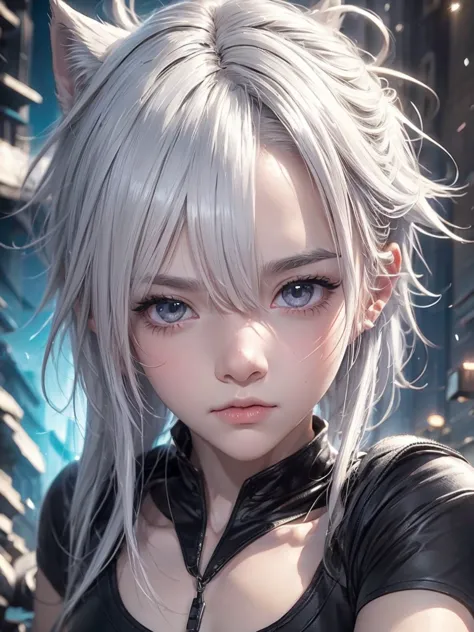  close-up image of a white-haired person boy wearing a black shirt, short hair, full face, animal ears, wolfe, digital art, artw...