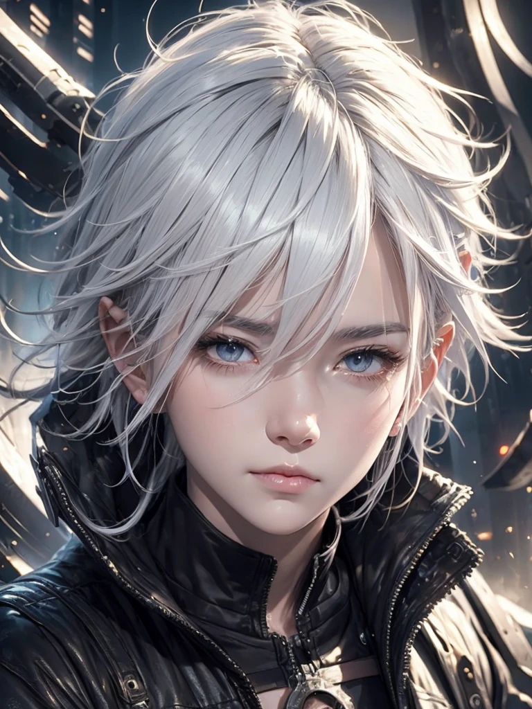  image en gros plan d&#39;un garçon aux cheveux blancs portant une veste noire, Cheveux courts, oreilles d&#39;animaux, loup, art numérique, oeuvre d&#39;art dans le style anime. 8k, tendance sur cgstation, 8k)).