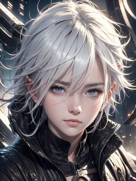  close-up image of a white-haired person boy wearing a black jacket, short hair, animal ears, wolfe, digital art, artwork in the...