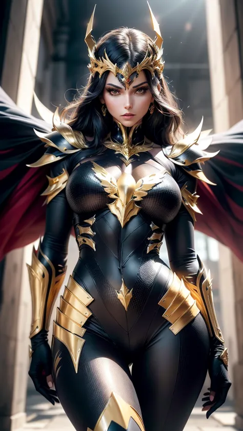 A woman adorned in fantasy-style full-body armor, a crown-concept fully enclosed helmet that unveils only her eyes, a composite ...