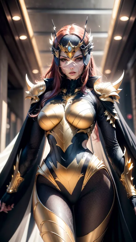 A woman adorned in fantasy-style full-body armor, a crown-concept fully enclosed helmet that unveils only her eyes, a composite ...