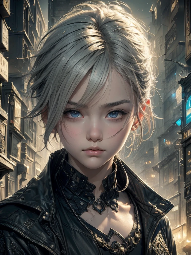 A young boy with short white hair, wearing a black jacket, realistic portrait, intricate details, anime style, hyper-detailed, beautiful eyes, sharp focus, cinematic lighting, dramatic atmosphere, vivid colors, masterpiece, award-winning digital art, trending on CGTrader